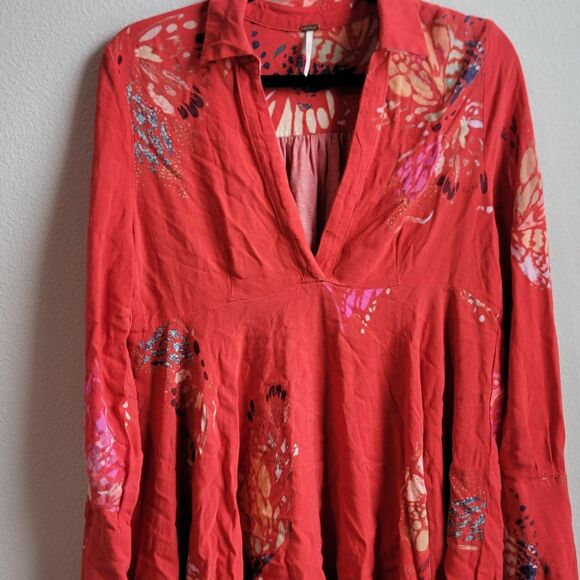FREE PEOPLE FIELD OF BUTTERFLIES BOHO ORANGE TUNIC TOP SIZE M - Picture 2 of 10